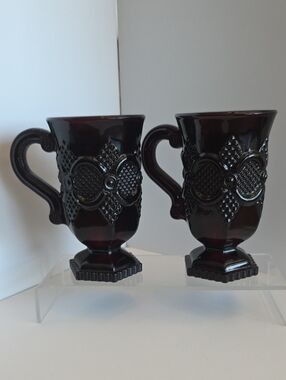Vintage 70's Avon 1876 Cape Cod Ruby Red Glass Pedestal Mugs -Set Of 2